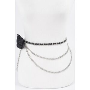 Womens Black Rose Chain Belt‎ Silver Multi Layered Waist Chain Fashion Accessory